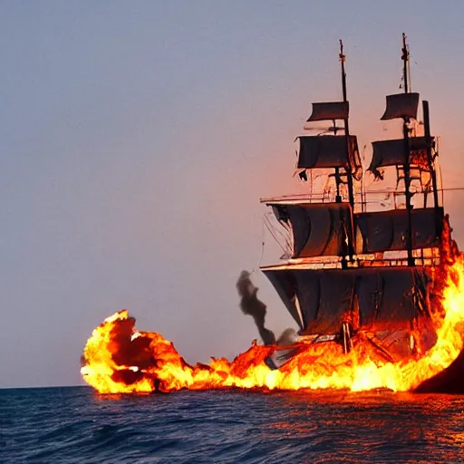 Image similar to pirate ship on fire in the middle of the sea