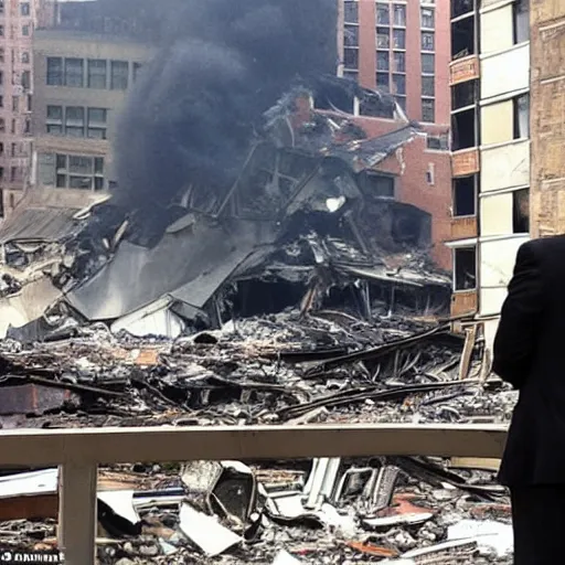 Image similar to man wearing a suit and a goose mask looking at an explosion in new york, ruined buildings, rubble, fire from hands