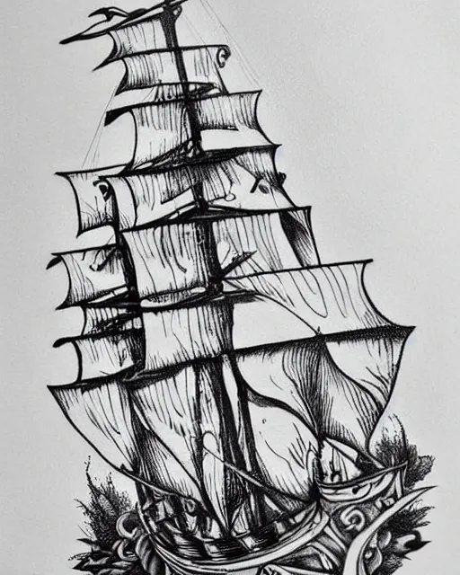 Image similar to A tattoo design on paper of a pirate ship, on paper, black and white, highly detailed tattoo, realistic tattoo, by nik lucas