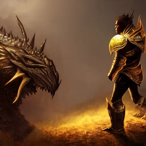 Image similar to a black boy wearing a suit of armor approaching a sleeping dragon in his his hoard of gold coins, by jeff easley, 8k , hd, dynamic wide angle action shot, skyrim character art, dramatic lighting