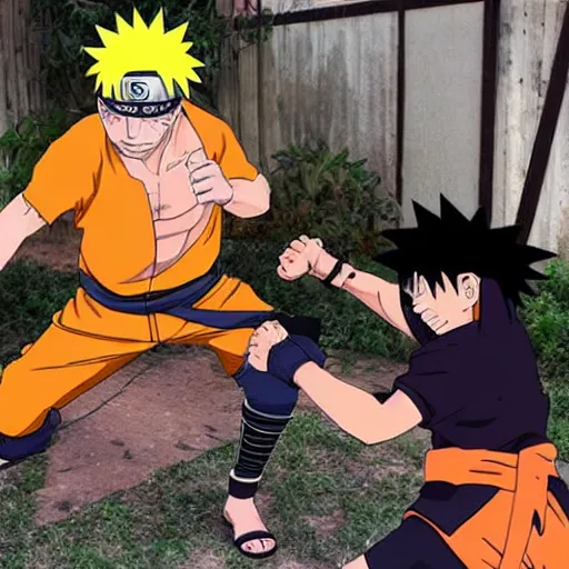 Image similar to naruto fighting old man, backyard wrestling, intricate complexity, extremely detailed, very sharp,