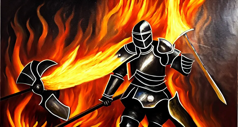 Image similar to An oil painting of a knight in dark metal armor wielding a flaming sword