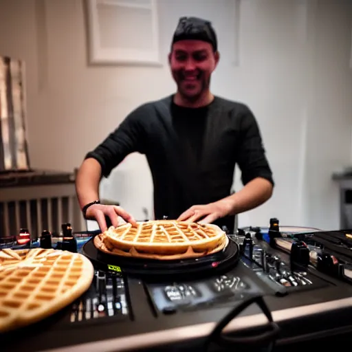 Prompt: dj spinning on a waffle turntable