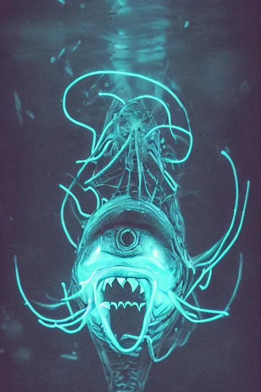 Image similar to a detailed spooky photograph of an angler fish with light blue neon - like lights, deep underwater scene, dark image, menacing angler fish, symmetry, poster