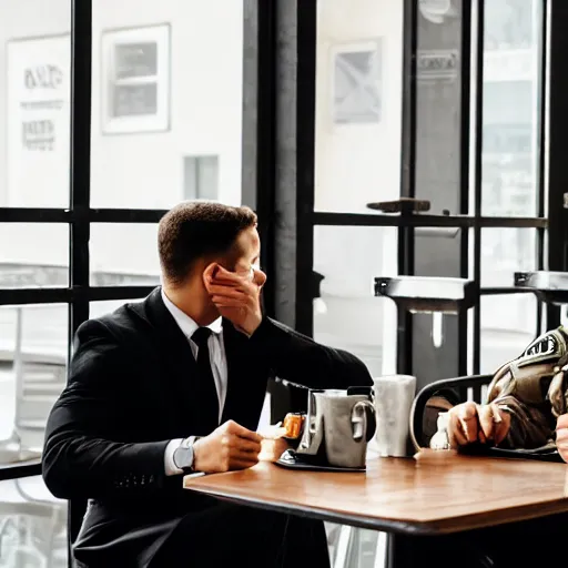 Prompt: special forces soldiers in black suits sitting at the cafe and drinking coffee