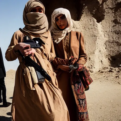 Prompt: anna forsterling and saul bromberger, yulia nevskaya, pulitzer winning, photorealistic, bokeh, fine details, aesthetic / woman wear burqa ride camel and handling gun in shaaran