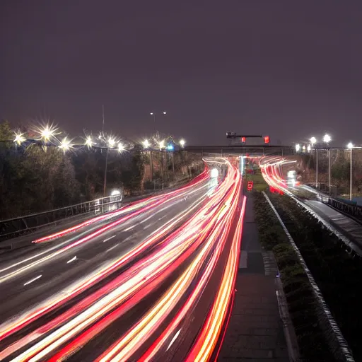 Image similar to dslr photo freeway photo at night, very high quality lights, intricate details, extremely high quality, moody lighting, real camera, real photo, slow - shutter, 8 k, full subject in shot