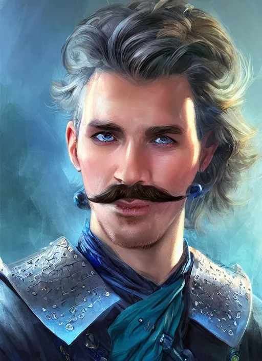 Image similar to young man with short white hair and moustache, dndbeyond, bright, colourful, realistic, dnd character portrait, full body, pathfinder, pinterest, art by ralph horsley, dnd, rpg, lotr game design fanart by concept art, behance hd, artstation, deviantart, hdr render in unreal engine 5