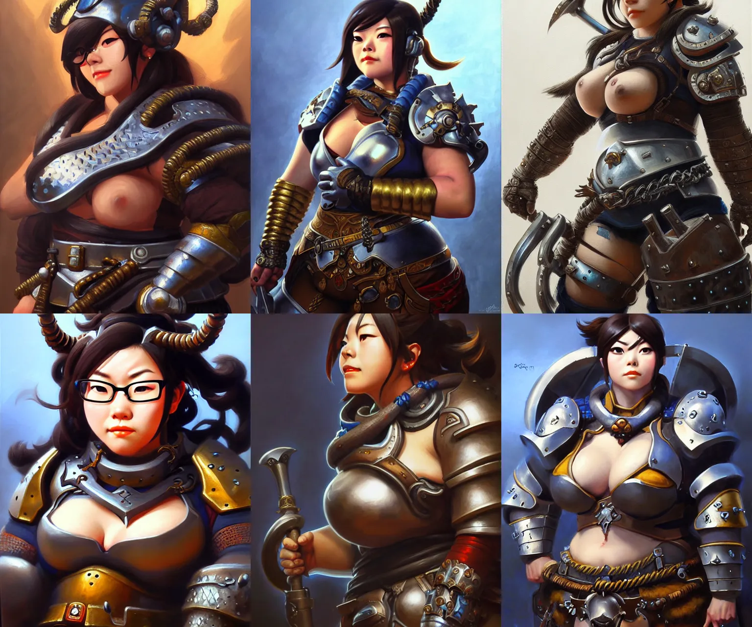 Image similar to detailed portrait of mei from overwatch as a robust medieval warrior wearing iron chainmail, intricate, hyper detailed, realistic, oil painting, by boris vallejo, frank frazetta, cinematic lighting