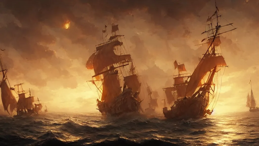 Image similar to a pirate ship, low angle, cinematic, golden hour, by greg rutkowski, artstation, hd, mist