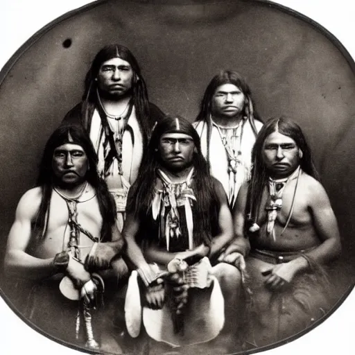 Image similar to Precolumbian America, Native American tribesmen, tribeswomen, tintype photograph, 1250 AD photograph