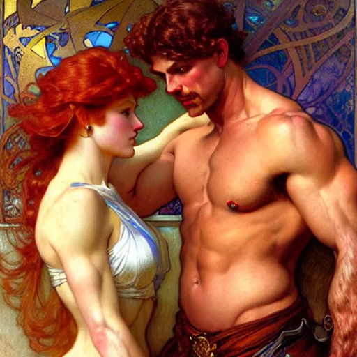 Prompt: attractive muscular mike with ginger hair and muscular attractive ty with brunet hair, drinking their hearts out, in their noble house. highly detailed painting by gaston bussiere, craig mullins, j. c. leyendecker, alphonse mucha 8 k