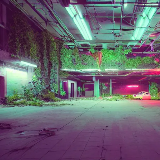 Prompt: a indoor abandoned parking lot with overgrown plants, magenta lighting, neon, cyberpunk, art by Simon Stalenhag, cinematic, 4k