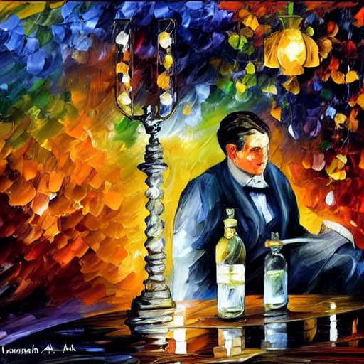 Prompt: painting of Thomas Edison experimenting by Leonid Afremov