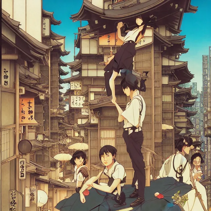 Image similar to japanese big city, summer, in the style of studio ghibli, j. c. leyendecker, greg rutkowski, artem