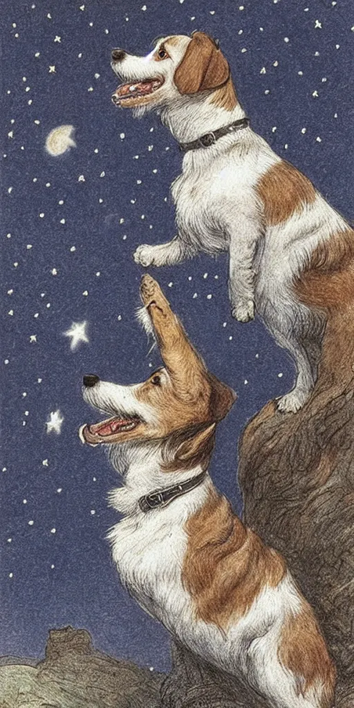 Image similar to jack russel dog looking up and howling with mouth open sad, night sky, highly detailed, side view, illustrated by peggy fortnum and beatrix potter and sir john tenniel