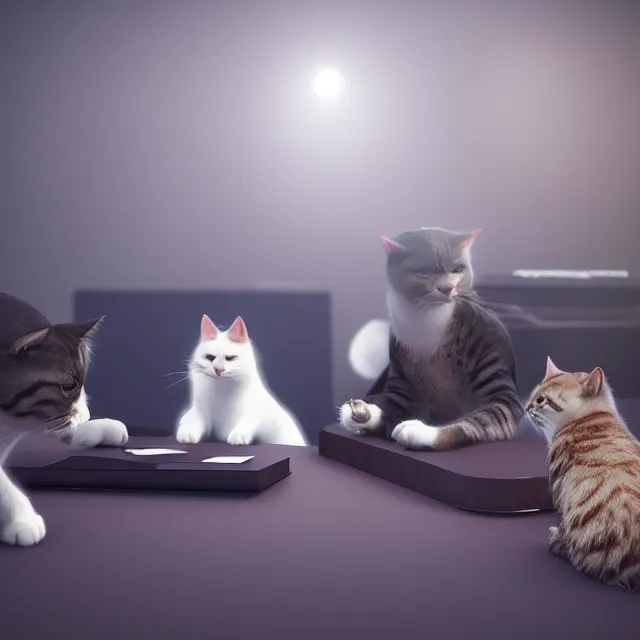 Prompt: cats in a business meeting, dark cinematic, volumetric, realistic, cinematic lighting, ray tracing, unreal engine 5, unreal engine render, octane render, hyper realistic, photo, 8 k