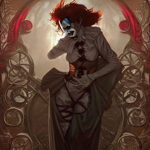 Image similar to an epic fantasy comic book style full body portrait painting of pennywise. d & d. fantasy. intricate. elegant. highly detailed. digital painting. artstation. concept art. matte. sharp focus. illustration. art by artgerm and greg rutkowski and alphonse mucha