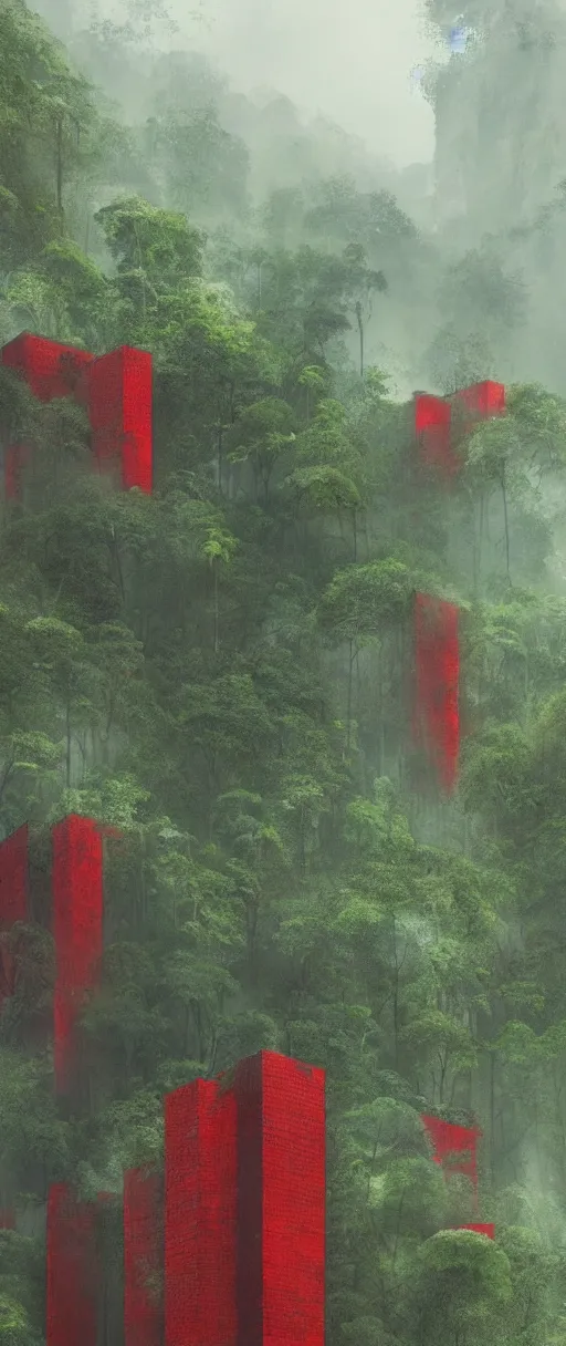 Prompt: brutalist architecture inspired by louis kahn deep in the rainforest. nature is taking over. matte painting by ivan laliashvili. concept art. color scheme green and red. mist. cinematic.