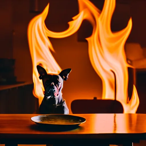Image similar to a photograph of a room on fire, an human-like relaxed dog sitting at a table, ☕ on the table, surrounded by flames, a lot of flames behind the dog, smoke under the ceiling