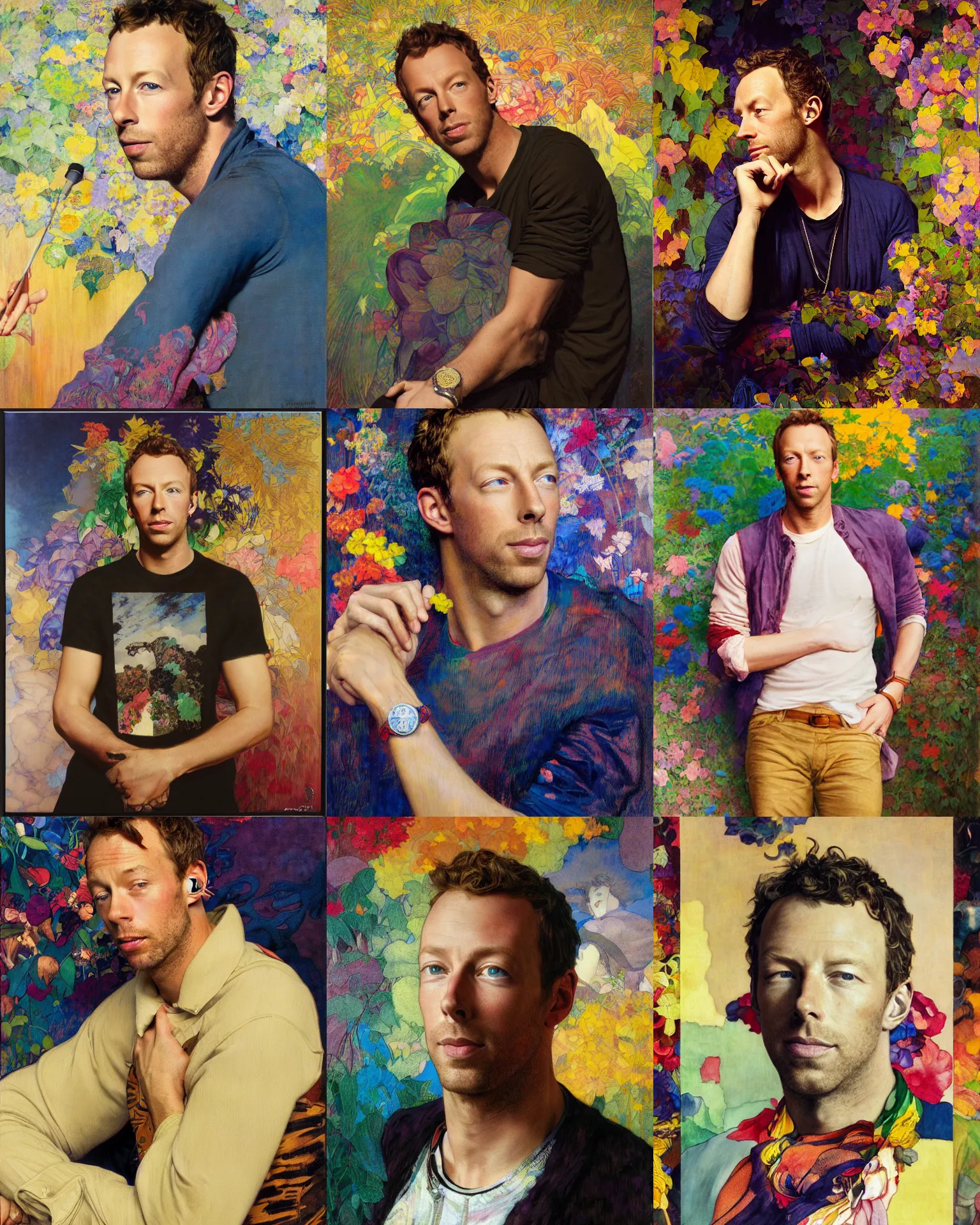 Prompt: chris martin from coldplay, portrait painting by richard schmid, maxfield parrish, kehinde wiley, thomas moran, studio ghibli, loish, alphonse mucha, fashion photography