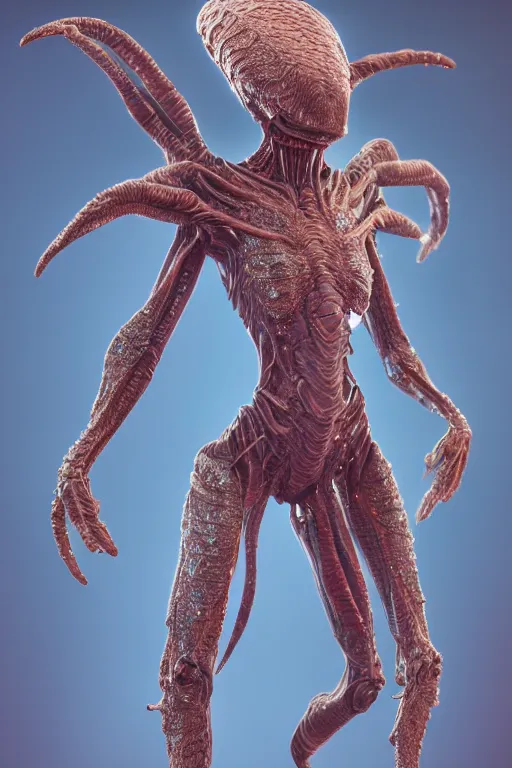 Image similar to skin concept alien, in full growth, mineral crystals instead of skin, magical crystals, smoky crystals, translucent crystals, luminous sparkling crystals, many details, 3 d, cinematic, hyper realism, high detail, octane render