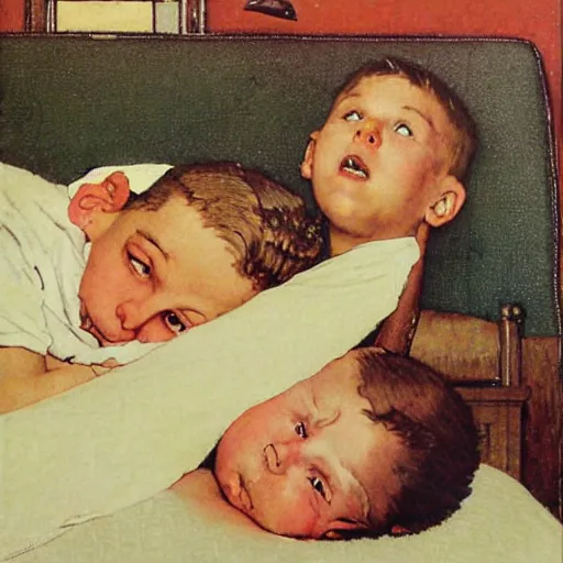 Prompt: A kid waking up his older brother, art by Norman Rockwell