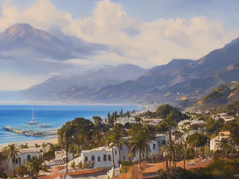 Prompt: detailed painting of marbella landscape, sun coast, small city, beach, mountain in the background, trending on artstation, by raphael lacoste