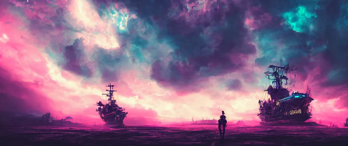 Image similar to mohawk, portrait big dark punk, space, hyperdetailed illustration, stars, pink, neon, oil painting, rich deep colors masterpiece, pirate neon ship, ultra detailed, contrast, heaven pink, clouds, volumetric light, atmospheric lighting, dramatic, cinematic, moody, octane render 4 k, 8 k