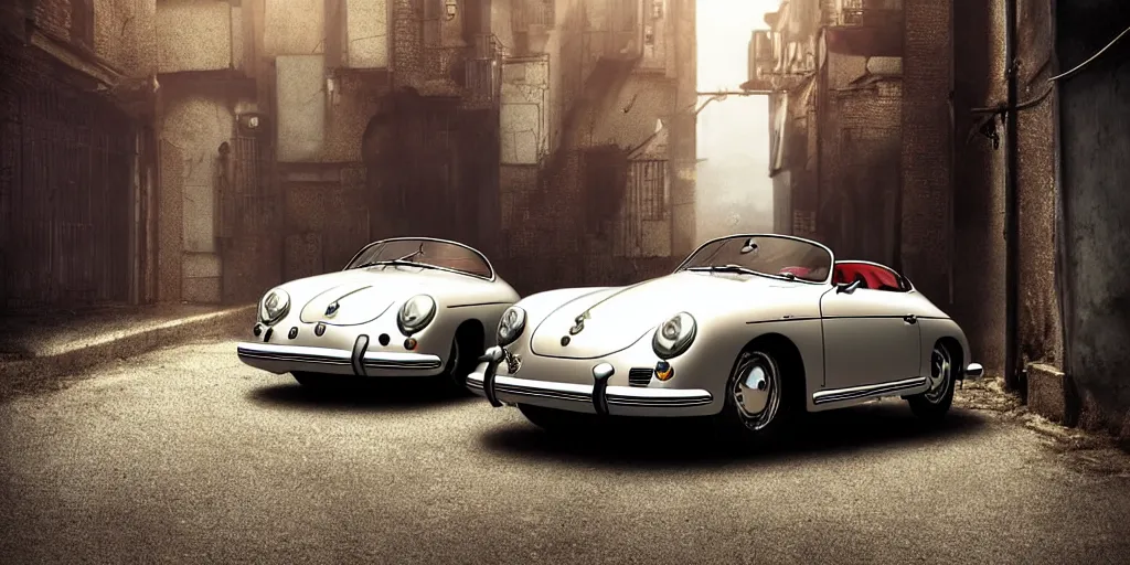 Image similar to a wholesome animation key shot of a focused old silver Porsche 356 roadster car parked in an abandoned alleyway, medium shot, waist up, studio Ghibli, Pixar and Disney animation, sharp, very detailed, high resolution, Rendered in Unreal Engine 5, anime key art by Greg Rutkowski, Bloom, dramatic lighting