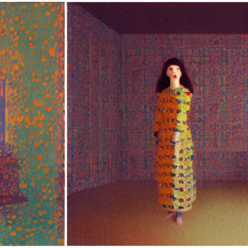 Prompt: a lonely girl in an abandoned room, film still by wes anderson, depicted by klimt, limited color palette, very intricate, art nouveau, highly detailed, lights by hopper, soft pastel colors, minimalist