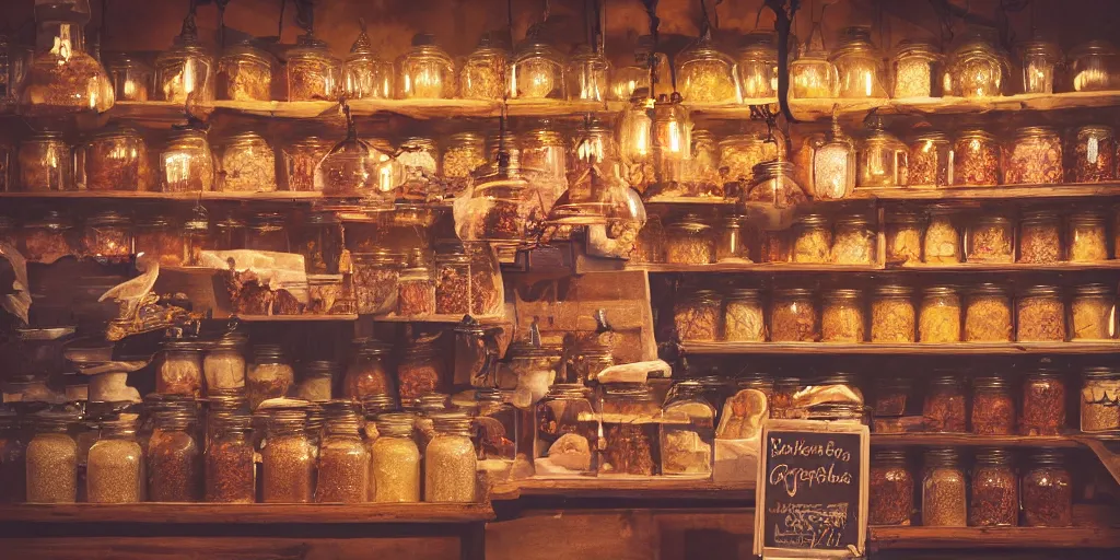 Prompt: Inside an old fashioned sweet shop, sweet jars on shelves with beautiful labels, fantasy vendor interior, wide angle, cinematic, highly detailed, cinematic lighting, photorealistic, colourful, trending on artstation