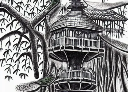 Prompt: Steampunk tree house, yuumei , spanish moss, cozy afternoon, super realistic, ink drawing