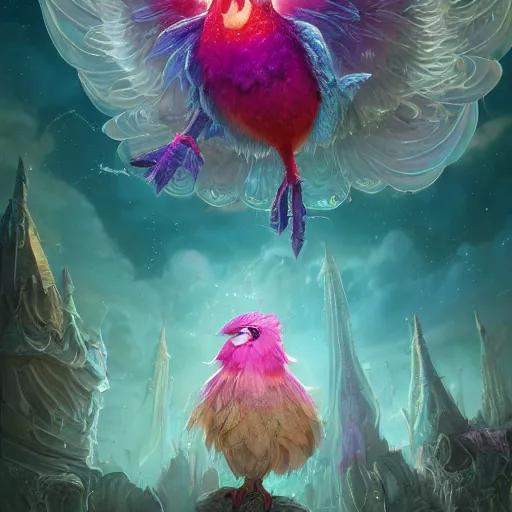 Image similar to a beautiful detailed 3d matte painting of a feathered critter sparkling with colourful energies in a brilliantky coloured fantasy setting, by beeple and ellen jewett and alex horley and Alexander Jansson, magical realism, hyperrealistic, ultrawide angle, smooth, texture, intricate, fantasy, trending on artstation, polarizer filter, volumetric lighting, micro details, 3d sculpture, octane render, 8k