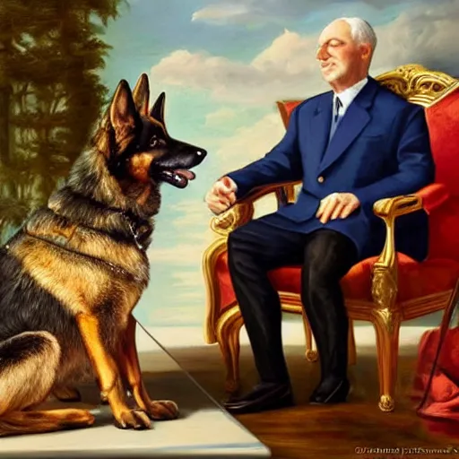 Prompt: an oil painting of a 6 4 years old man as the king of canada, and a german shepherd sitting on his legs