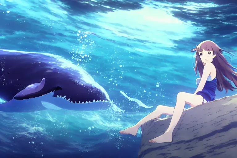 Image similar to a panorama view under the water, anime art full body portrait character concept art, hyper detailed cg rendering of a cute girl and whale, anime key visual of children of the sea, finely detailed perfect face, style of raphael lacoste, makoto shinkai, violet evergarden, studio ghibli, james jean, hayao miyazaki, extremely high quality artwork