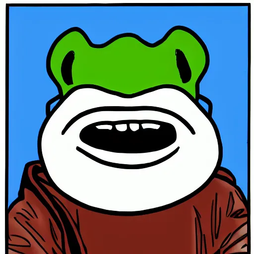 Image similar to pepe the frog head from 4chan on the body of a cartoon dog wearing a leather jacket and jeans