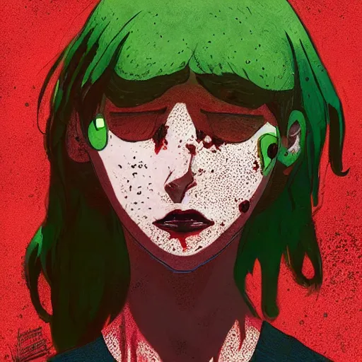 Prompt: Highly detailed portrait of a moody sullen punk zombie young lady with freckles by Atey Ghailan, by Loish, by Bryan Lee O'Malley, by Cliff Chiang, by Goro Fujita, inspired by ((image comics)), inspired by graphic novel cover art !!!vibrant vivid green, brown, black, yellow and white color scheme ((gradient grafitti tag brick wall background)), trending on artstation