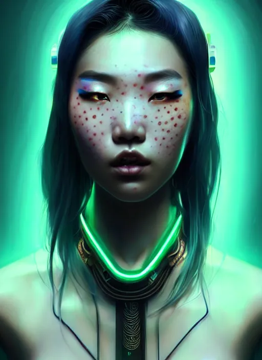 Image similar to sensual asian female humanoid with freckles, by loish, d & d, fantasy, cyber neon lighting, futurism, intricate futuristic jewelry accessories, cyberpunk high fashion, profile posing, hyper photorealistic, digital photography, artstation, pinterest, concept art, art by pascal blanche and greg rutkowski,