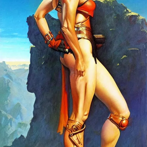 Image similar to princess of mars but with gal godot, photorealistic painting by frank frazetta and boris vallejo