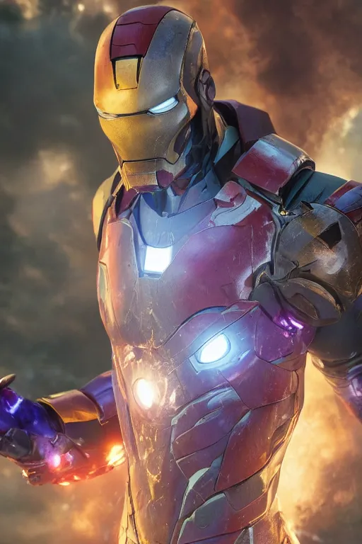 Image similar to thanos in a damaged and broken iron man suit, cinematic, volumetric lighting, f 8 aperture, cinematic eastman 5 3 8 4 film, photorealistic