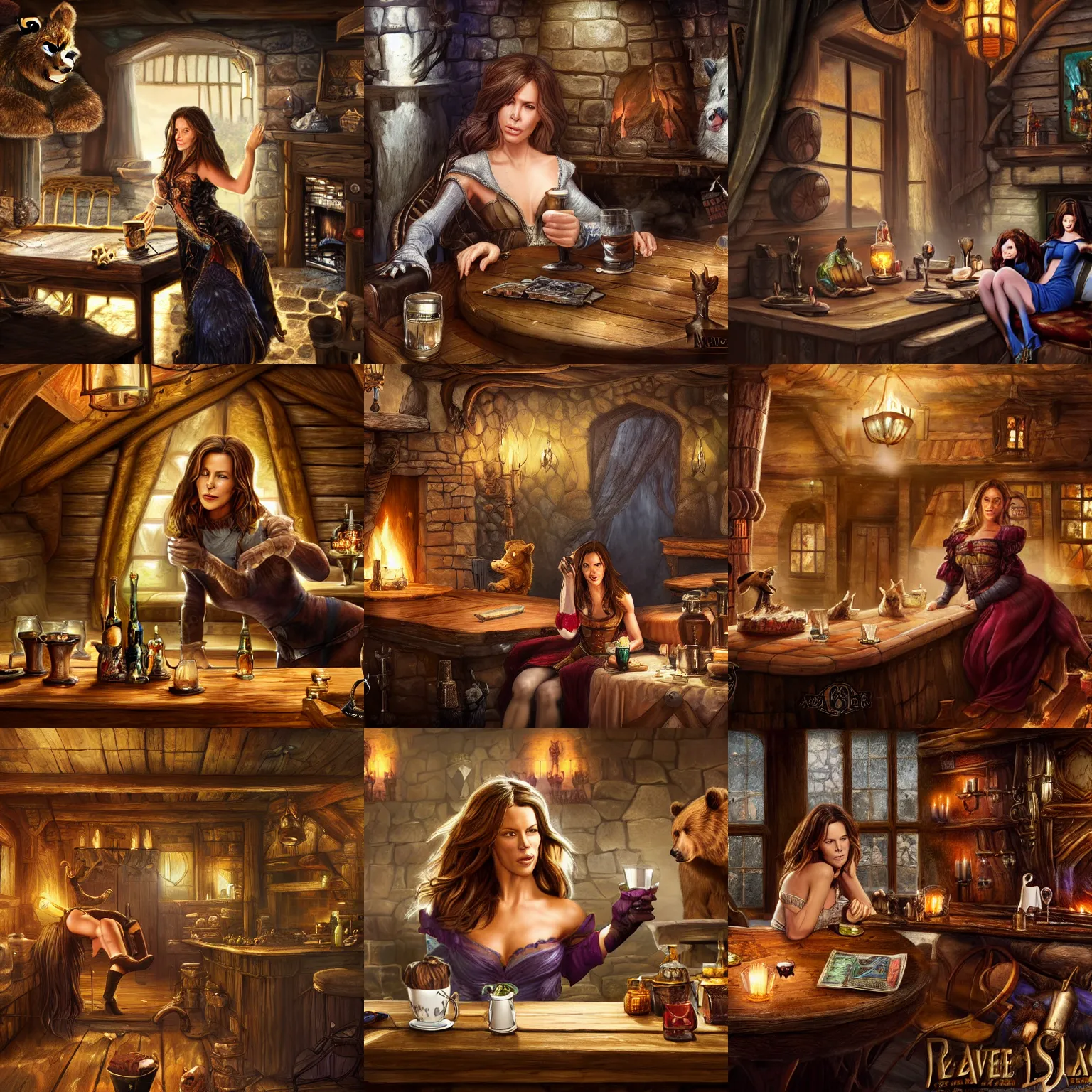 Prompt: kate beckinsale sleep on the table, in fantasy tavern near fireplace, behind bar deck with bear mugs, medieval dnd, colorfull digital fantasy art, 4k
