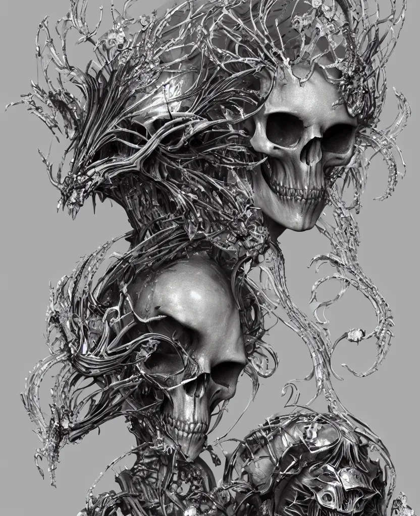 Image similar to close-up macro portrait of the face of a beautiful princess with animal skull mask, epic angle and pose ribcage skeleton, symmetrical artwork, 3d with depth of field, blurred background, cybernetic jellyfish female face skull phoenix bird, translucent, nautilus, energy flows of water and fire. a highly detailed epic cinematic concept art CG render. made in Maya, Blender and Photoshop, octane render, excellent composition, cinematic dystopian brutalist atmosphere, dynamic dramatic cinematic lighting, aesthetic, very inspirational, arthouse. y Greg Rutkowski, Ilya Kuvshinov, WLOP, Stanley Artgerm Lau, Ruan Jia and Fenghua Zhong