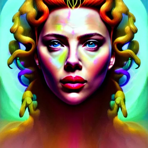 Image similar to an extremely psychedelic portrait of scarlett johanson as medusa, surreal, lsd, face, detailed, intricate, elegant, lithe, highly detailed, digital painting, artstation, concept art, smooth, sharp focus, illustration
