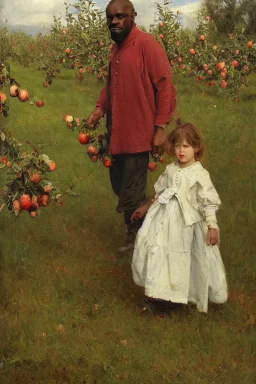 Image similar to Solomon Joseph Solomon and Richard Schmid and Jeremy Lipking victorian genre painting full length portrait painting of a young cottagecore walking in an apple orchard, red background