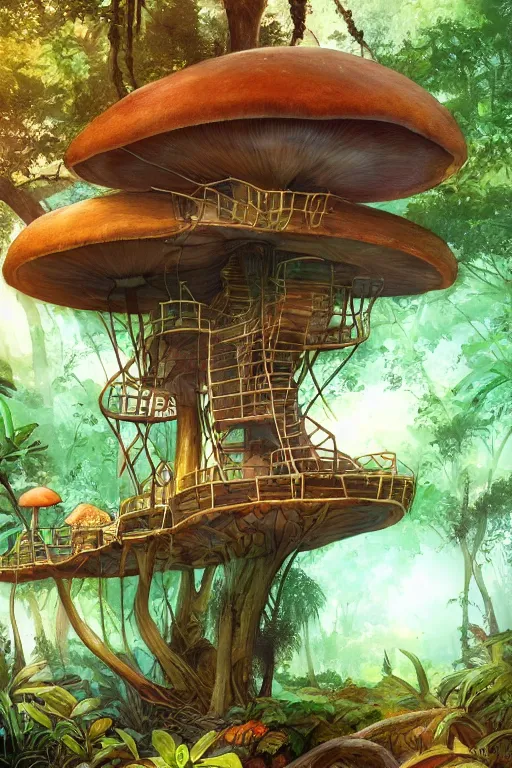 Image similar to a tree house in the jungle, big mushroom, sunshine, by alba ballesta gonzalez and moebius. 4 k wallpaper, digital 2 d, comic, illustration, extremely detailed, cinematic lighting, smooth sharp focus.