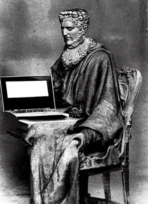 Image similar to old photo of Roman emperor using a laptop computer
