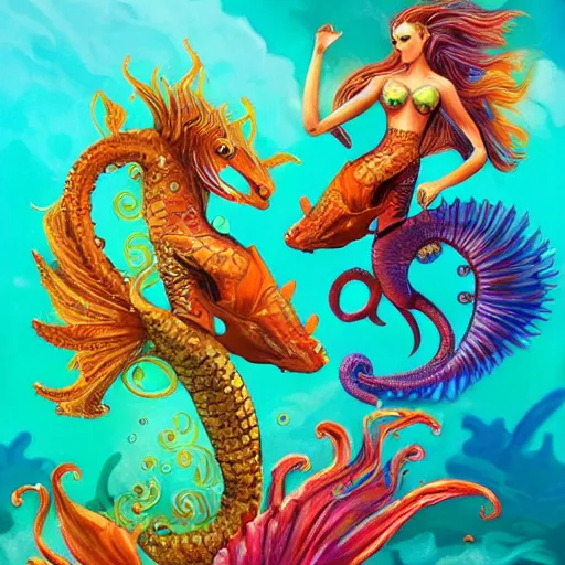 Prompt: merfolk riding seahorses, trending on artstation, colorful, intricate, art by aurore folny and senjon 津