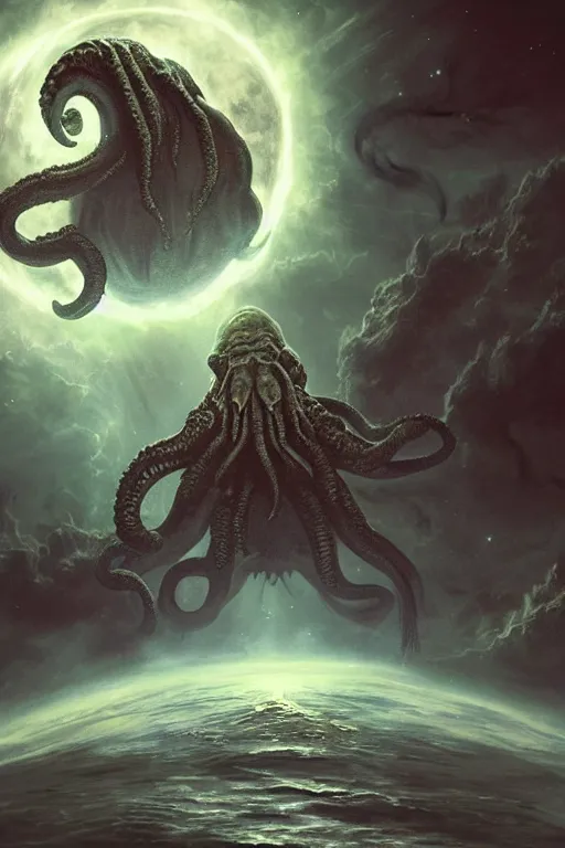 Image similar to cthulhu in space looking at earth, larger than earth, huge, towering, gigantic, high octane, 8 k, digital art, magic the gathering, mtg, by greg rutkowski, trending on artstation