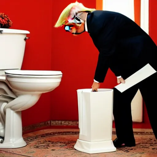 Prompt: donald trump putting peices of paper into a toilet